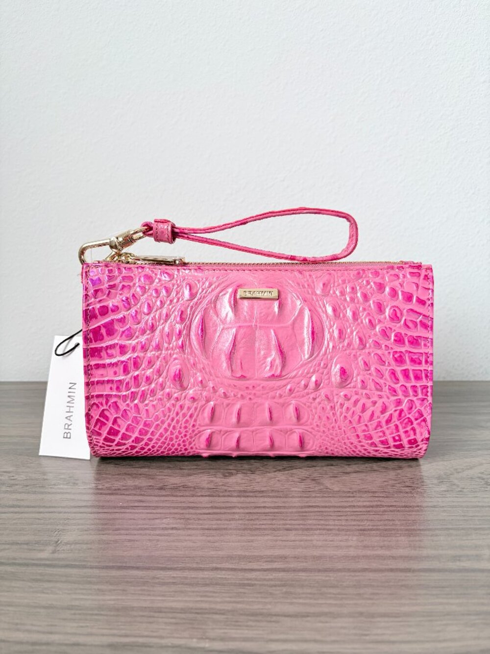 Brahmin Daisy Pink Croc Embossed Wristlet Wallet Clutch